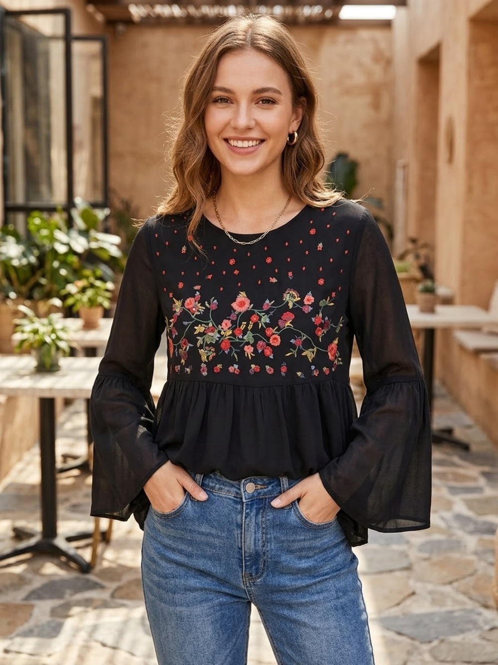 Grand & Greene Black Floral Embroidered Peasant Blouse